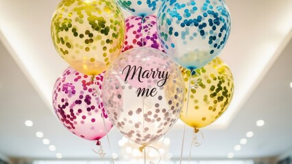 Group of clear balloons filled with confetti, one reading "Marry me