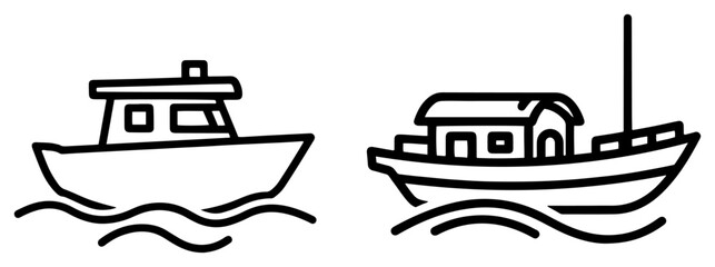 Two fishing boats line art vector illustration, minimalist sea vessels icon set, nautical transport