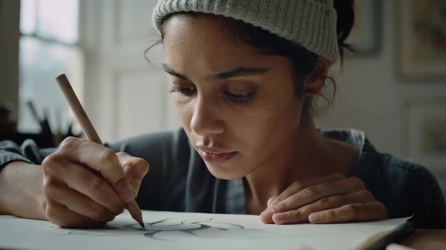 Close up of a focused young female artist drawing on paper with a pencil in a studio with natural light for artistic creation concept and self-expression