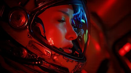 Close-up profile of a female astronaut inside a futuristic helmet, her face illuminated by intense red light from the cockpit as she looks onward with a pensive and focused expression