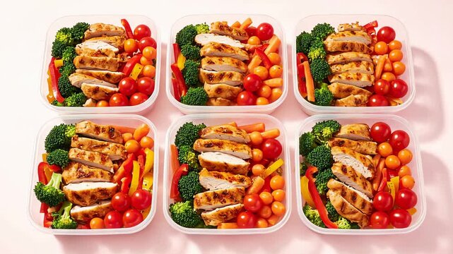 Six healthy meal prep containers filled with grilled chicken and colorful vegetables