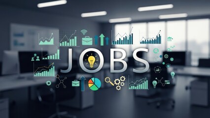 JOBS" graphic in an office, surrounded by financial/business icons, light bulb