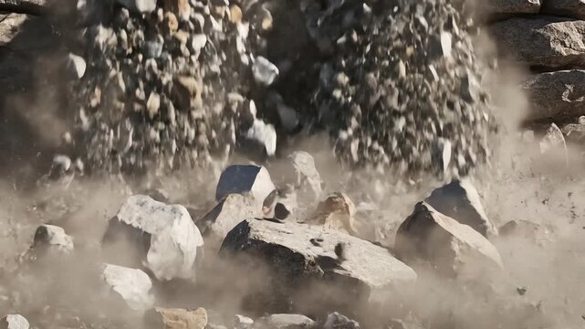 Massive Rock Fragment Falling and Exploding into Smaller Pieces with Dust Cloud