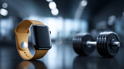 Modern smartwatch with a beige band and a dumbbell on a dark surface in a blurred gym environment.