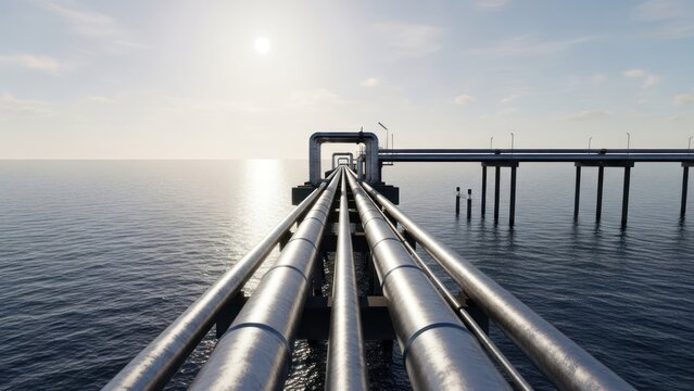 Long, parallel metal pipelines extending over water under a bright sun and clear sky