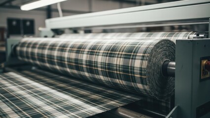 Machine meticulously rolling plaid fabric. Industrial setting, overhead lighting, close-up shot