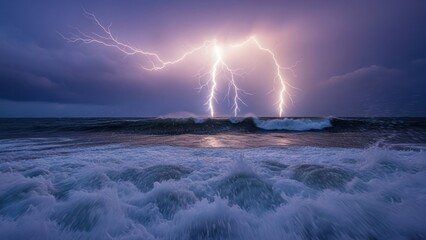 Majestic bolts of lightning strike the turbulent ocean under a dramatic, stormy sky