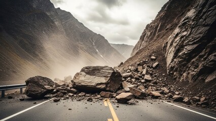 Massive rockslide blocks road in a mountain pass under a stormy, overcast sky