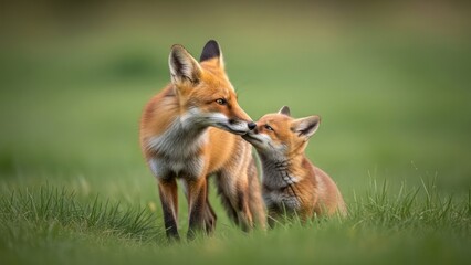 Fototapeta premium Mother fox gently nuzzles a cub in a field of green grass, displaying affection