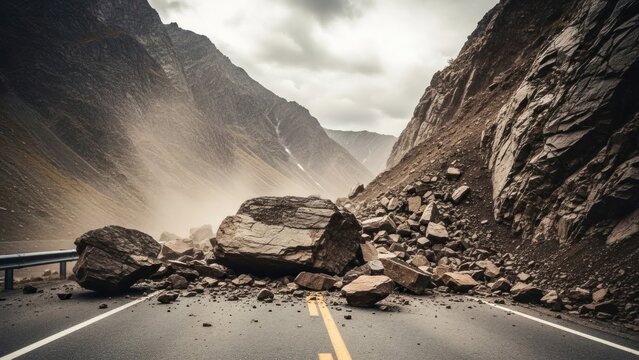 Massive rockslide blocks road in a mountain pass under a stormy, overcast sky