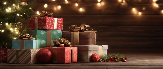 a pile of wrapped gifts under the christmas tree, with colorful wrapping paper and ribbons scattered around them Generative AI