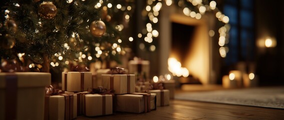 a christmas tree with presents under it, wrapped gifts stacked in the foreground, fireplace light glowing in the background, dark room, bokeh lights Generative AI