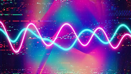 Abstract Neon Waveform with Glitch Effect Background, Dynamic Digital Art Sound Waves in Retrofuturistic Cyberpunk Style - Powered by Adobe