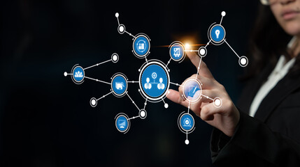 A professional business woman interacts with a futuristic network interface, highlighting connections and data flow through vibrant virtual icons showcasing modern technology and innovation. Tessel