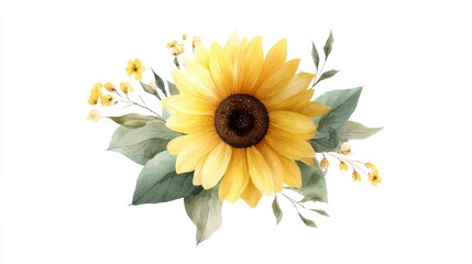Fototapeta premium Vibrant watercolor illustration of a single sunflower with green leaves and small yellow accent flowers on a clean white background.