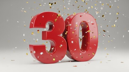 Rendered image of red 30 with floating confetti against a neutral gray background