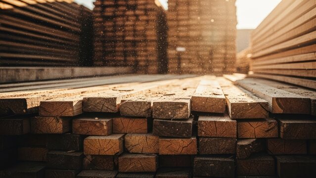 Piles of lumber, stacked outdoors, bathed in warm sunlight, with a shallow depth of field