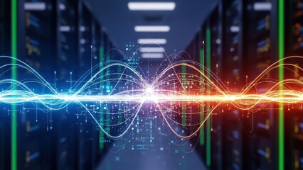 Server room with glowing digital wave flowing between rows of computer racks
