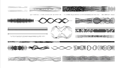 a collection of horizontal divider line designs each in a unique style minimal tech and abstract clean vectorstyle illustrations inkdrawn pixelperfect divider