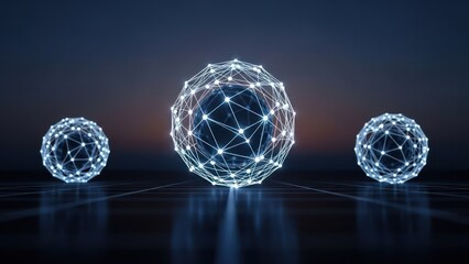 Three interconnected spheres emit light in a dark space, reflecting on the floor