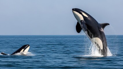 Fototapeta premium Two orcas leap from the ocean's surface, one fully airborne, water splashing