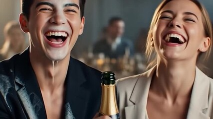 Young couple laughing as champagne erupts in their faces during a celebration