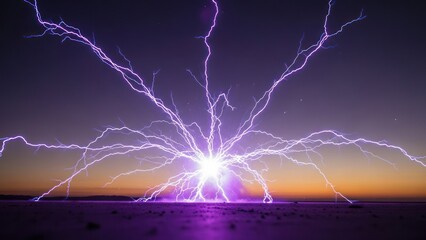 Vivid purple lightning strikes outwards from a central point over a dusk desert landscape