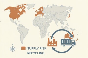 Fototapeta premium Global recycling supply risk map illustrating critical zones for sustainable practices and resource management aimed at enhancing circular economy strategies and optimizing environmental impact