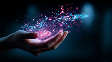 Glowing hand made of pink and blue digital particles faceless, holding 5G technology concept, futuristic mobile connectivity imagery, networks and innovation evolution, defocused b