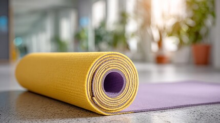 Rolled up yellow and purple yoga mat lying on a grey floor in a bright indoor studio with natural light and shallow depth of field.