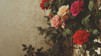 Fototapeta premium Vibrant roses in red, pink, and yellow bloom beautifully with lush green leaves against a textured wall, bathed in soft natural light, offering ample copy space.