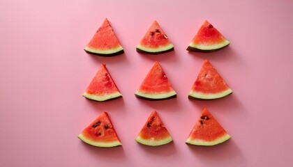 slices of juicy watermelon arranged in geometric pattern on pink background create vibrant and refreshing summer vibe
