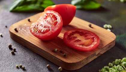 ripe red tomato slice on rustic wooden cutting board food salad
