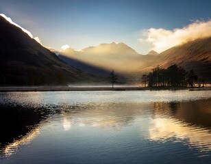Fototapeta premium still loch reflects misty peaks sunlit edges sun dramatic