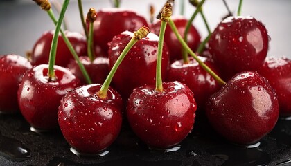 ripe red cherries with stems water droplets close up delicious fruit