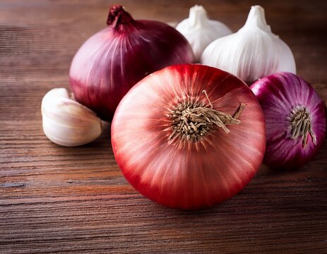 red onion and garlic bulbs on rustic wood background market ingredient