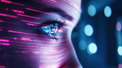 Visionary Gaze: A close-up view unveils a futuristic human eye, aglow with digital data streams, symbolizing technology, artificial intelligence, and cybernetic innovation. - Powered by Adobe