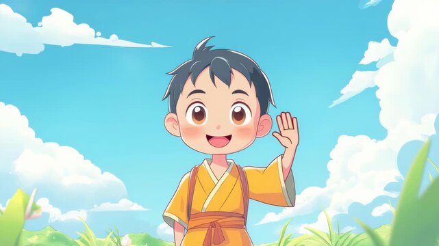 A Cheerful Gesture: A cute illustration of a young person smiling and waving, set against a backdrop of a bright blue sky and lush green field, symbolizing greeting and friendship.