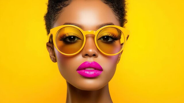 Vibrant Vision: A stunning woman models vibrant yellow eyewear, her striking features accentuated with vivid makeup against a complementary backdrop. 