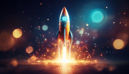 glowing rocket launch spark particles startup concept digital innovation night bokeh