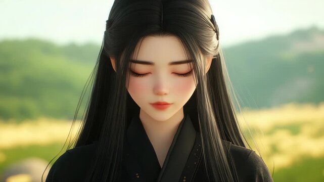 Ethereal Contemplation: Captivating illustration of a woman immersed in quiet reflection, her delicate features and flowing attire create a serene and captivating scene.