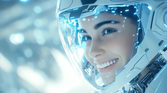Visionary Explorer: An astronaut, brimming with optimism and wonder, gazes ahead with a radiant smile through their illuminated helmet, prepared to conquer the stars. 