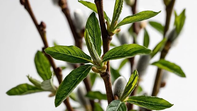 Timelapse video of willow branches with opening buds and emerging green leaves symbolizing springs arrival and new growth.