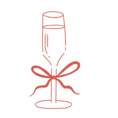 Wine champagne glass flute with a ribbon bow, hand drawn simple illustration drawing in red color png	