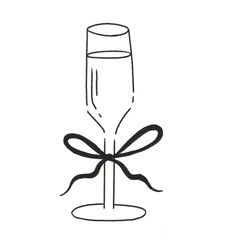 Wine champagne glass flute with a ribbon bow, hand drawn simple illustration drawing in black color png
