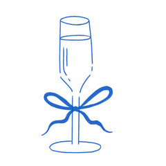 Wine champagne glass flute with a ribbon bow, hand drawn simple illustration drawing in blue color png	