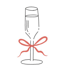 Wine champagne glass flute with a ribbon bow, hand drawn simple illustration drawing in black and red color png	