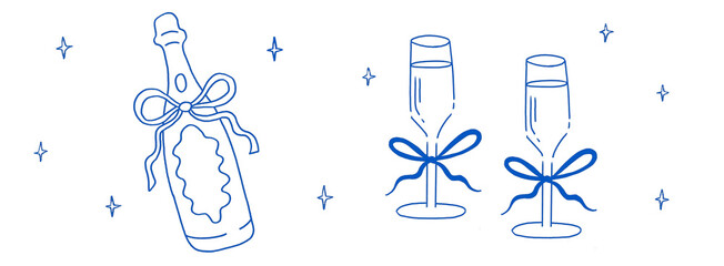 Hand drawn wine glass champagne flute and bottle of Prosecco fizz with ribbon bow vector illustration collection set simple drawing modern design elements party celebration drink icons blue color