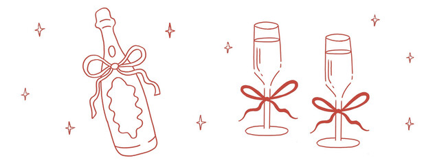 Hand drawn wine glass champagne flute and bottle of Prosecco fizz with ribbon bow vector illustration collection set simple drawing modern design elements party celebration drink icons red color