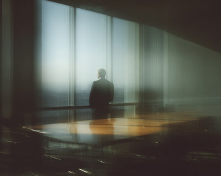 A corporate executive stands alone after an AI-assisted meeting, reflecting uncertainty, responsibility, and unfinished organizational decisions.